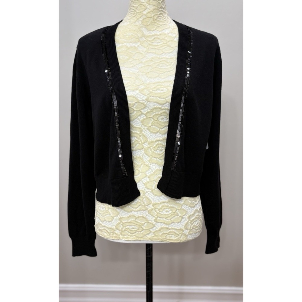 Jason Wu Womens L Black Sequin Cardigan Cropped Open Front Knit Holiday Party